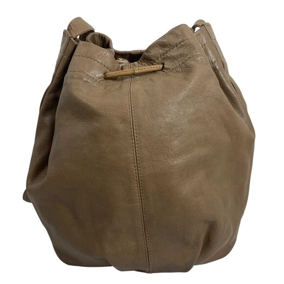 Brio! Taupe Leather Bucket Shoulder Bag Drawstring Adjustable Strap VTG 80s 90s - Picture 4 of 15